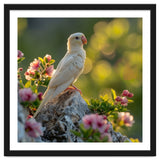 Albino Parrot Perched On A Rock Amongst Flowers thumbnail