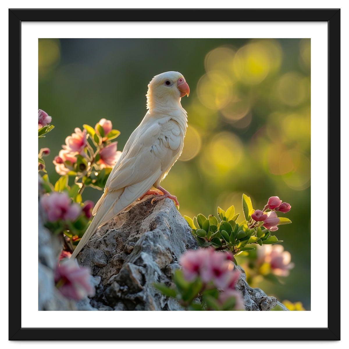 Albino Parrot Perched On A Rock Amongst Flowers