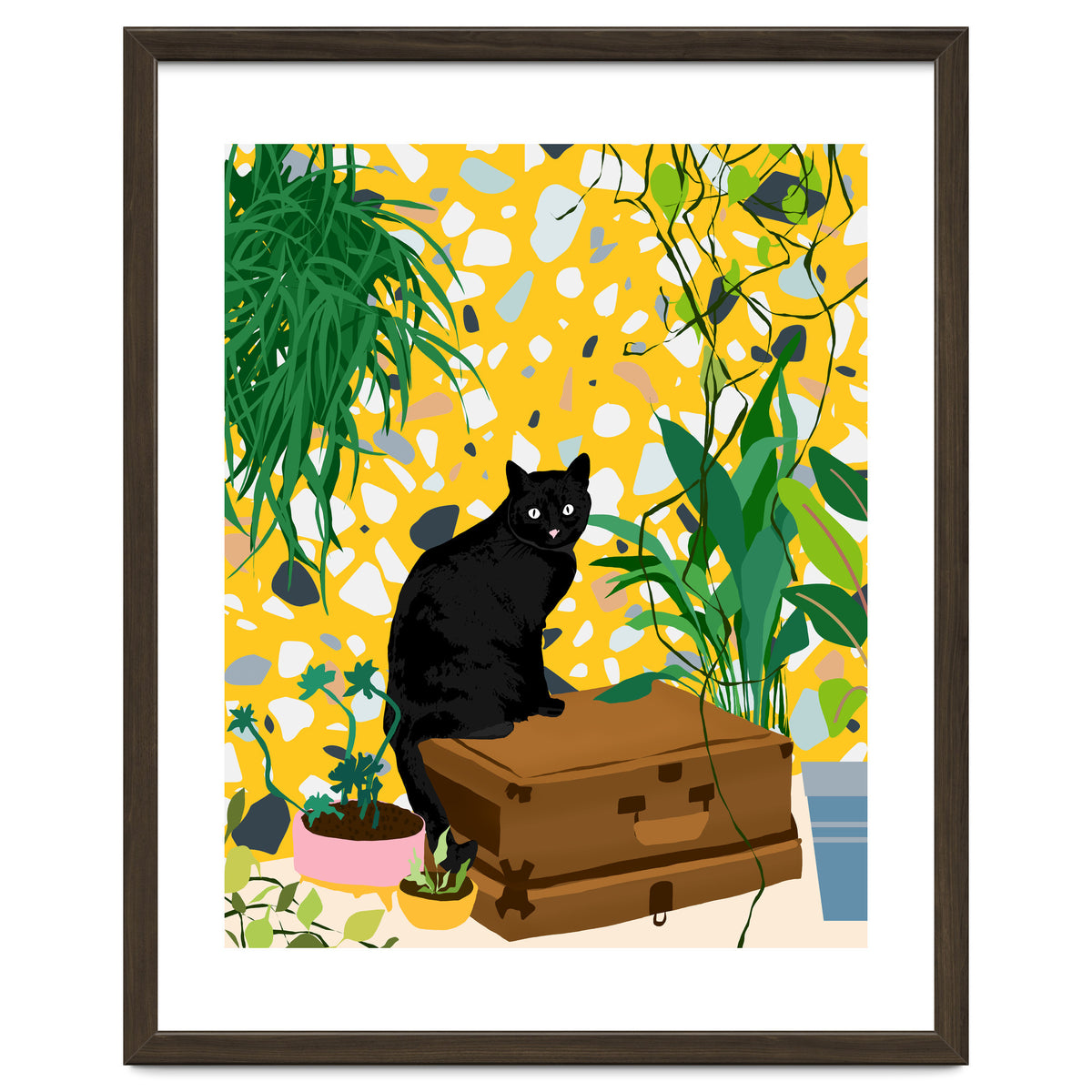 Urban Jungle Cat, Black Cats Pets Terrazzo Decor, Whimsical Bohemian Animals Illustration, Eclectic Quirky Travel
