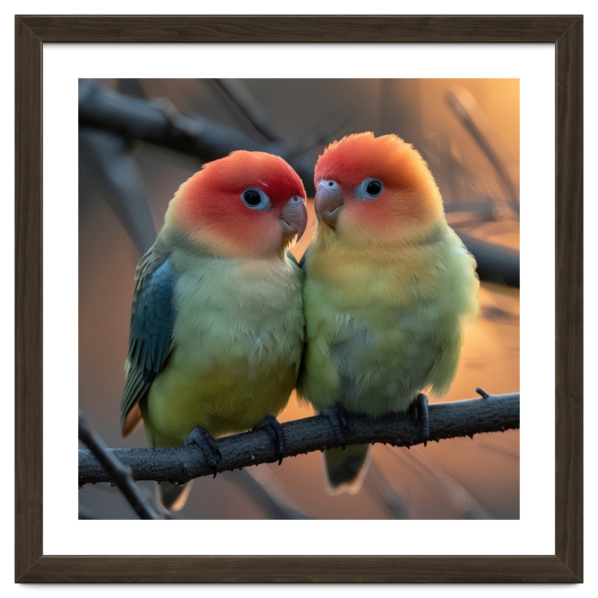 Two Lovebirds Perched On A Branch At Sunset