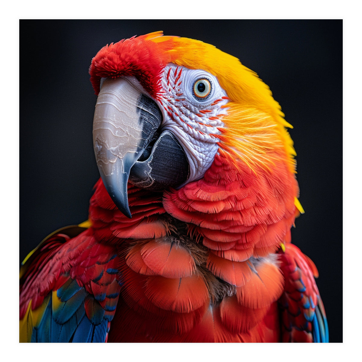 Scarlet Macaw Parrot Head Detailed Portrait Black (Print Only)