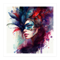Turquoise Feathered Carnival Mask Portrait (Print Only)