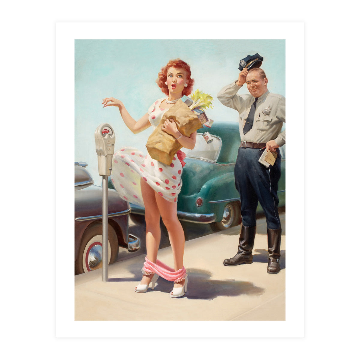 Sexy Pinup Shopping Girl And A Sudden Wind (Print Only)