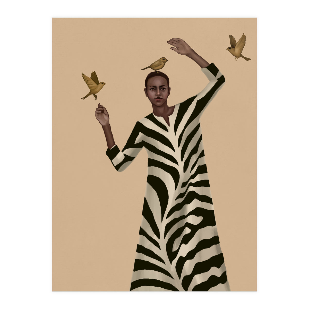 Woman With Birds And Zebra Pattern Dress (Print Only)