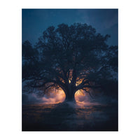 Ancient Mystical Oak Silhouette at Twilight with Ethereal Wisps (Print Only)