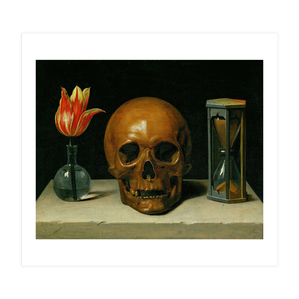 Vanitas, allegory of fleeting time with skull and hour-glass. Oil on canvas. (Print Only)