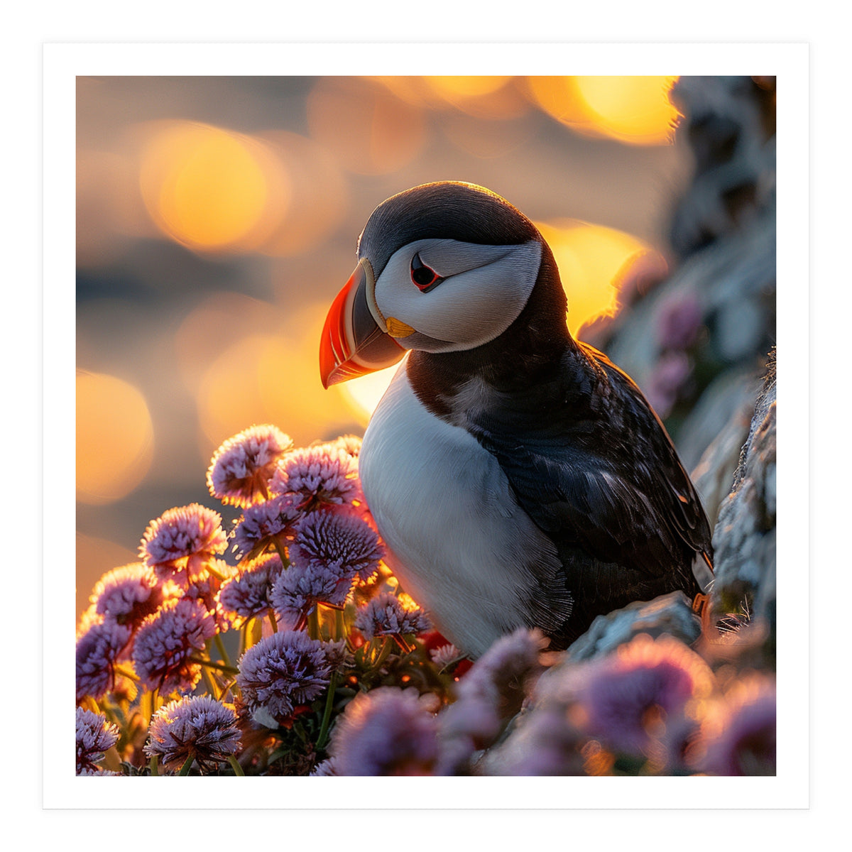 Puffin Bird Amidst Purple Flowers Golden Hour (Print Only)