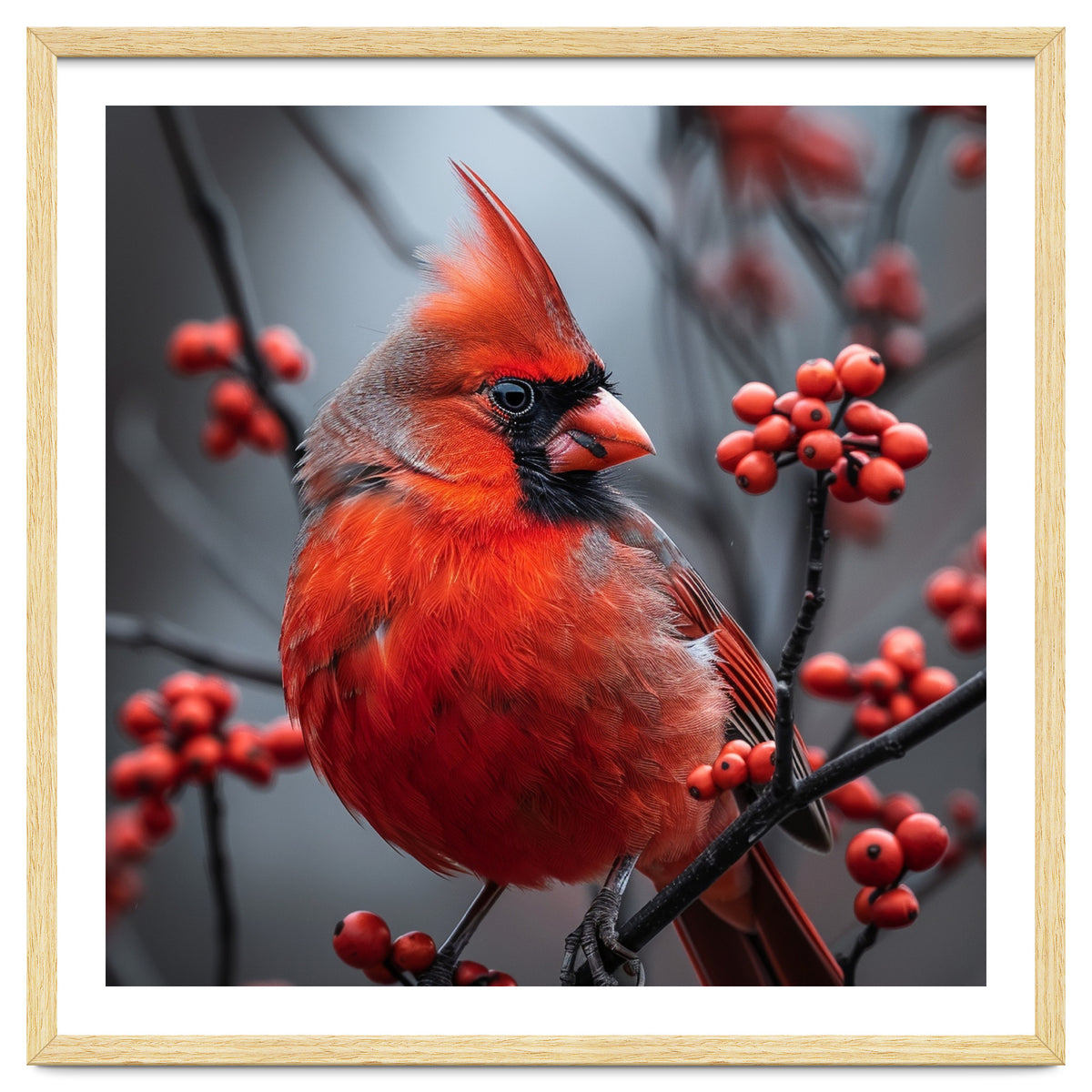Northern Cardinal Bird Perched Among Red Berries