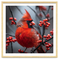 Northern Cardinal Bird Perched Among Red Berries