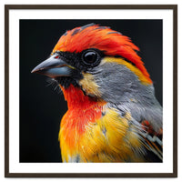 Close Up Of Colorful Bird With Red Orange Yellow Feathers