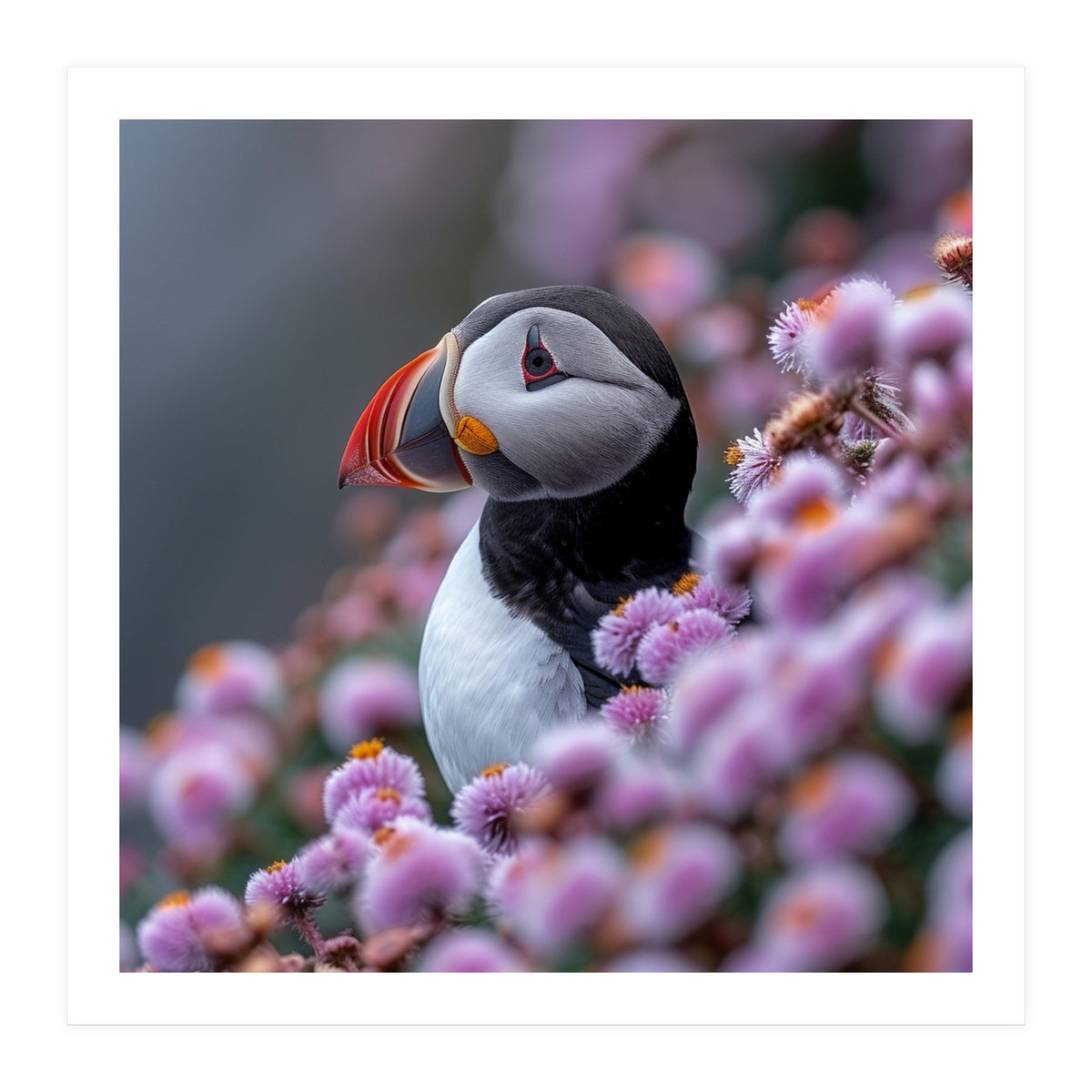Atlantic Puffin Amidst Pink Heather Flowers (Print Only)