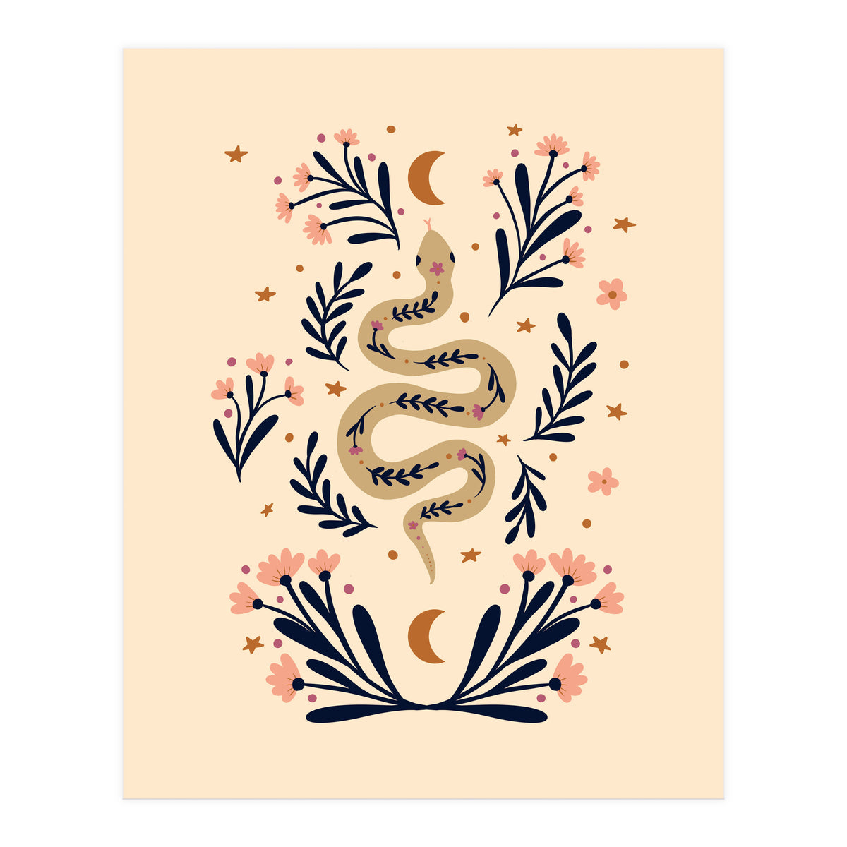 Snake And Flowers Beige And Indigo (Print Only)
