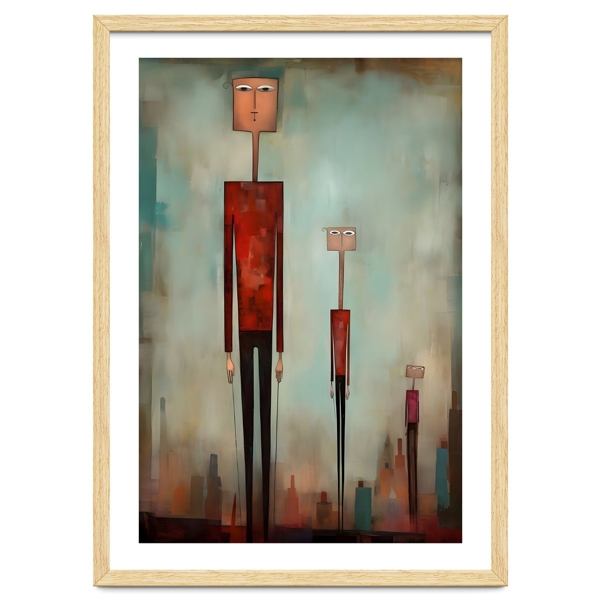 CITY HEIGHTS, three human-like forms of differing heights loom over the city below.