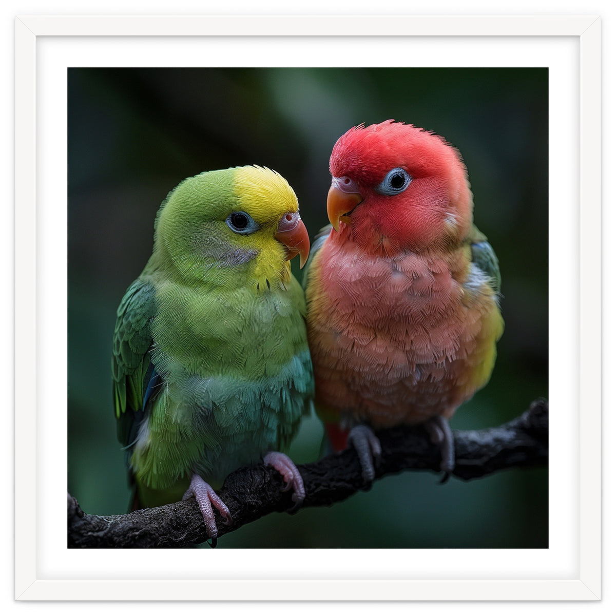 Two Lovebirds Sitting Together On A Branch