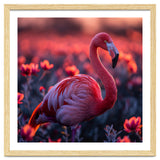Pink Flamingo Bird Standing Among Flowers At Sunset thumbnail