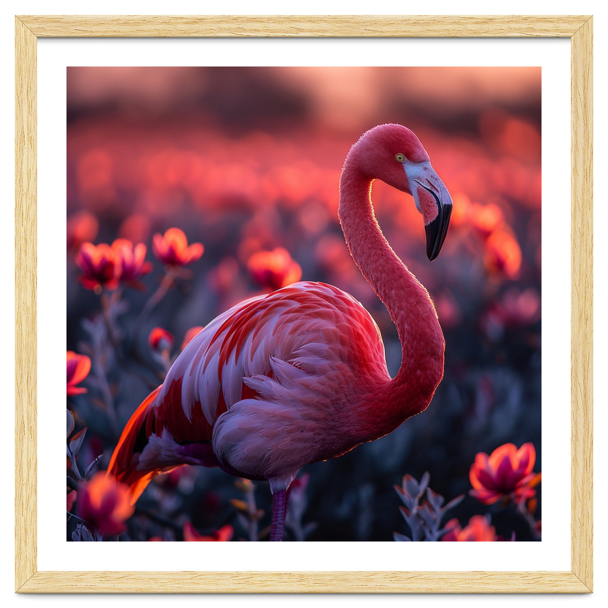 Pink Flamingo Bird Standing Among Flowers At Sunset