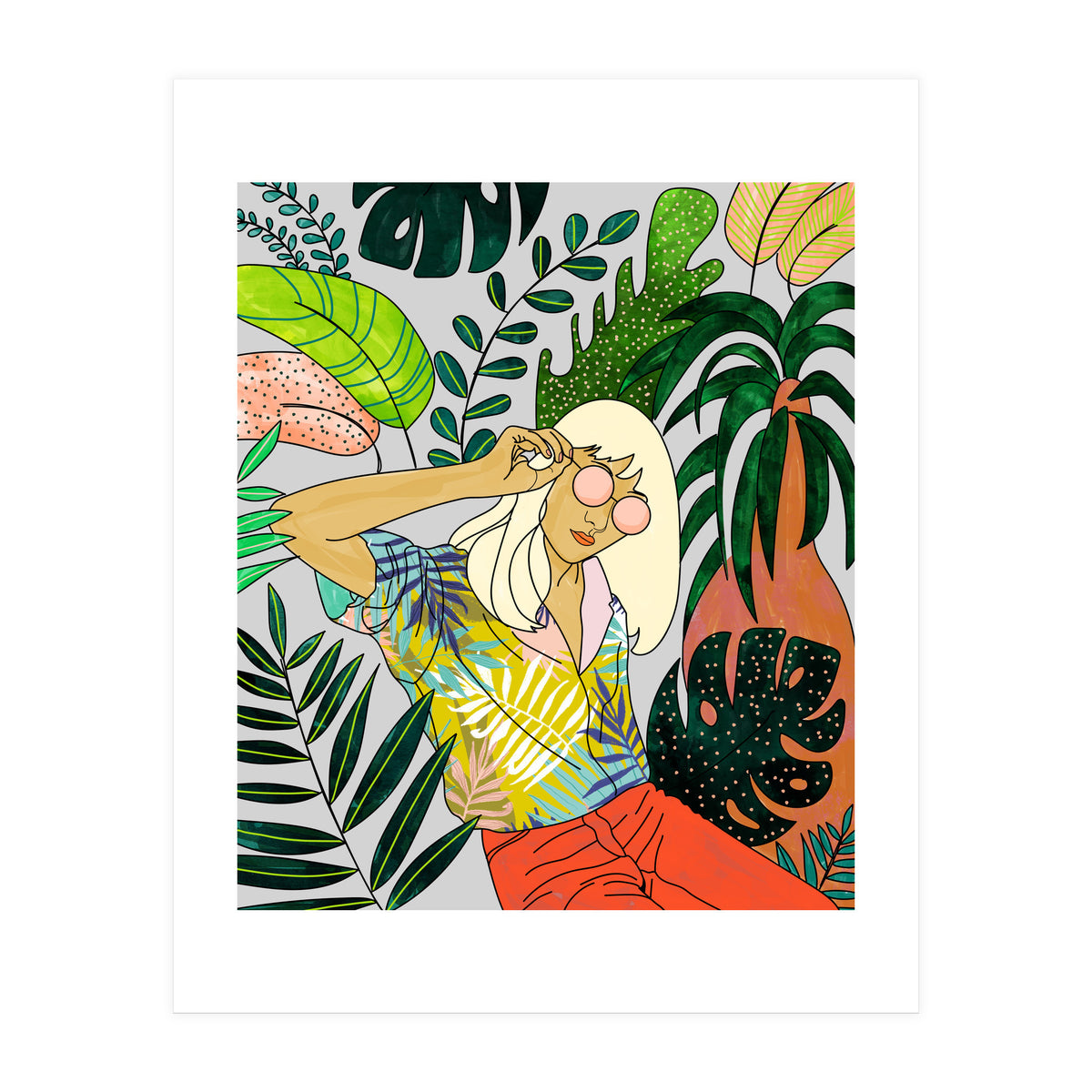 Spring Break, Tropical Bohemian Travel Line Art, Woman Fashion Palm Forest Jungle Watercolor Nature (Print Only)