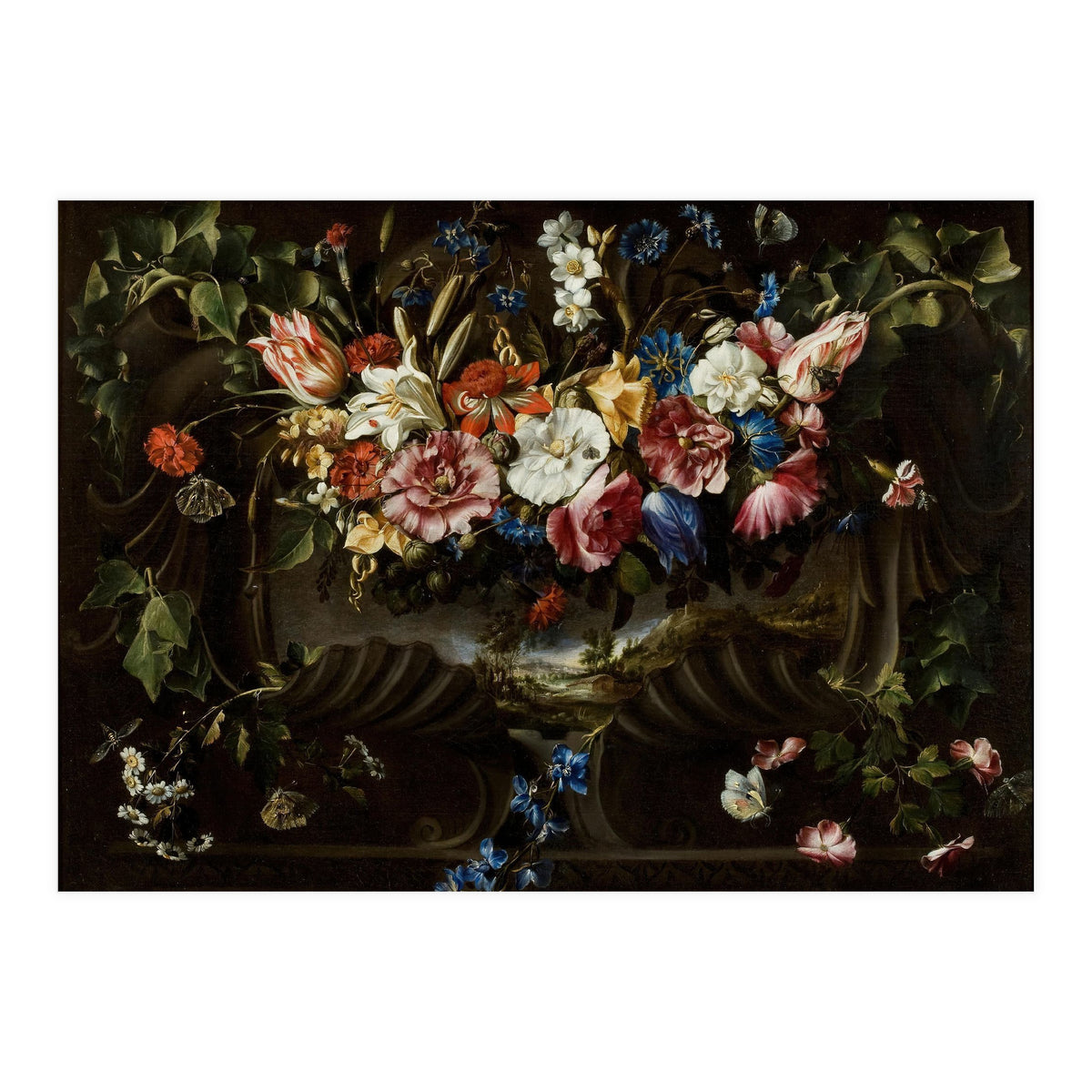 Juan de Arellano / 'Garland of Flowers with Landscape', 1652, Spanish School. (Print Only)