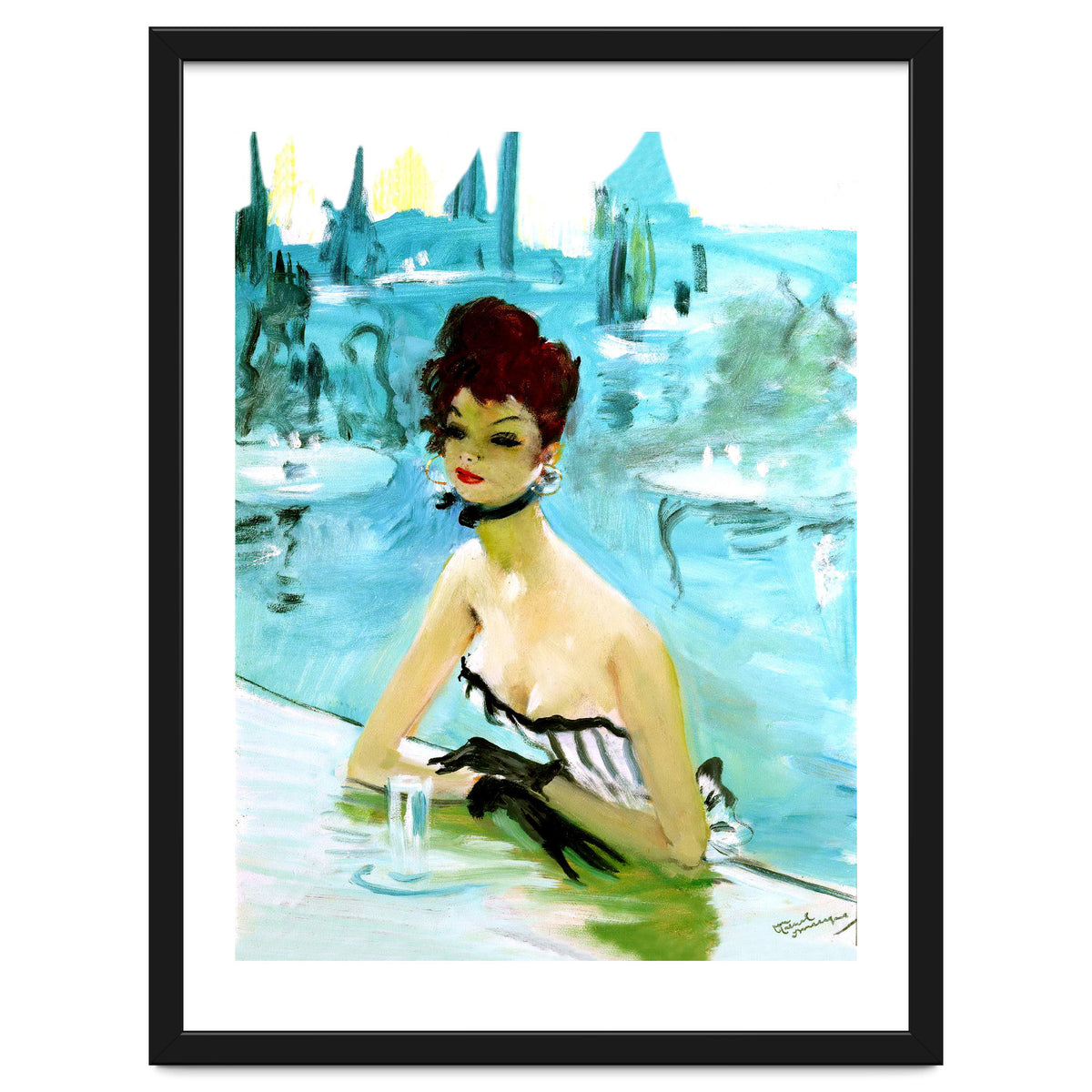 Pinup Girl In Cafe, Watercolor Painting