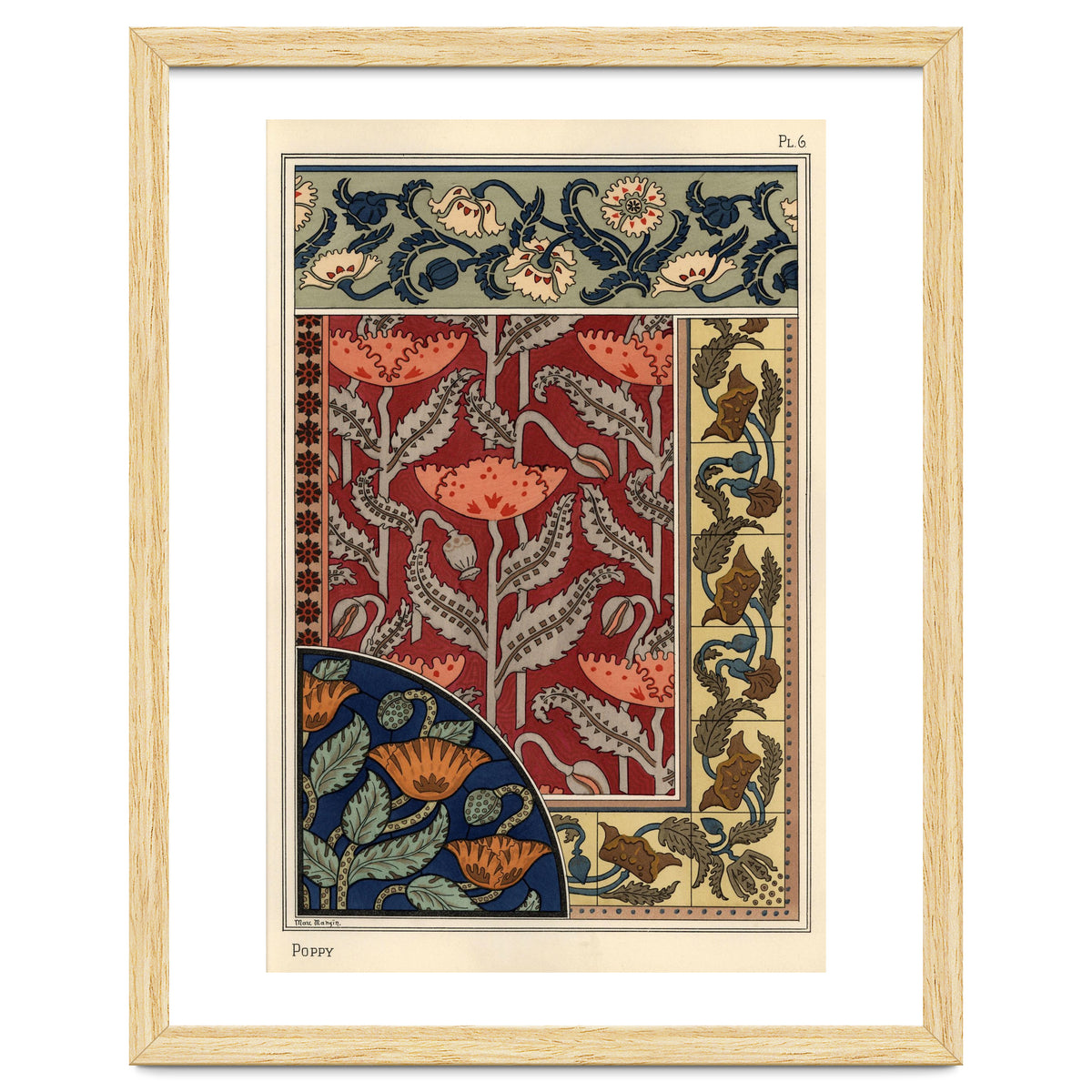 The poppy, Papaver somniferum, in stained glass, wallpaper, fabric and tile patterns. Lithograph ...