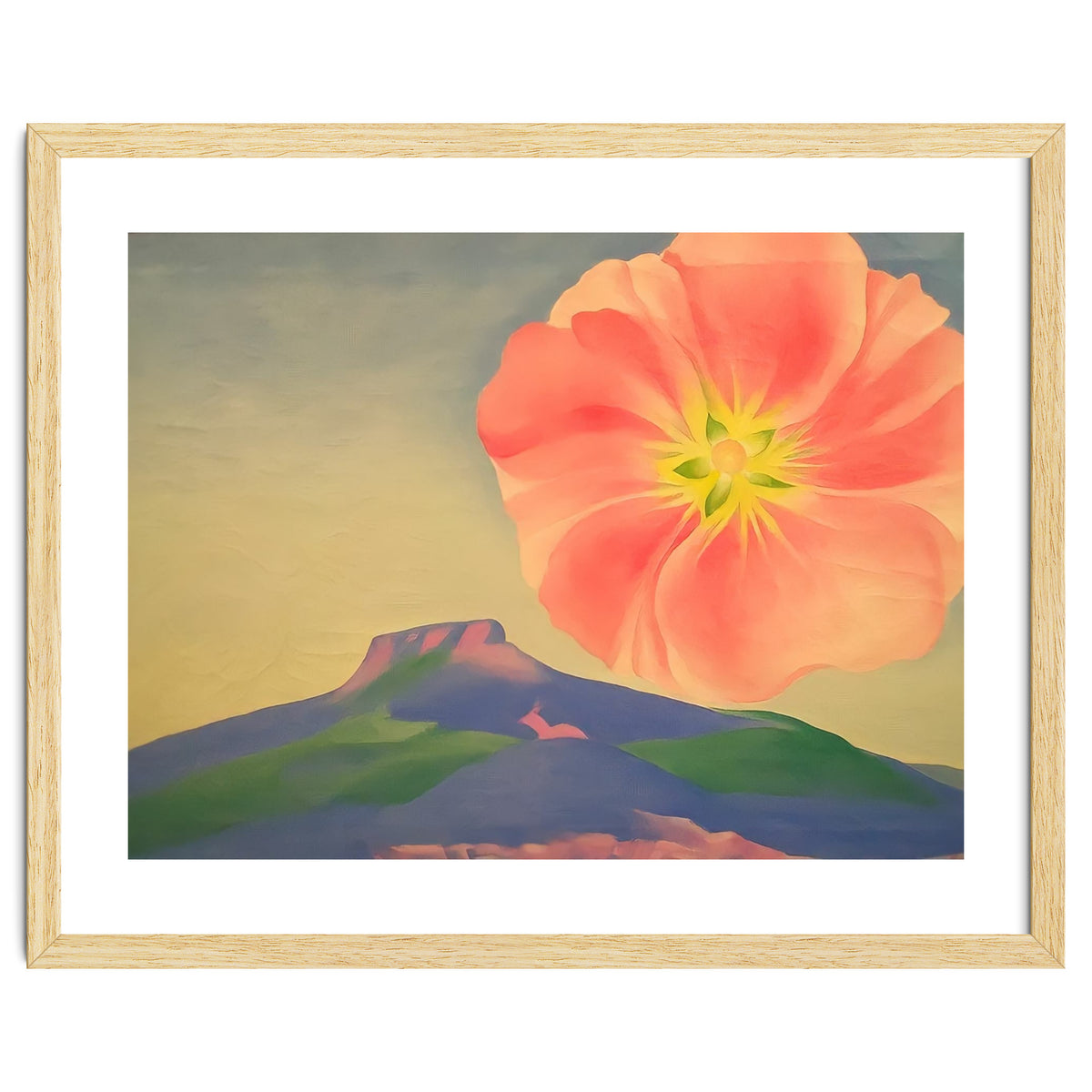 Georgia O’Keeffe – Hollyhock Pink with Pedernal (1937) | Vibrant Modernist Floral Landscape of New Mexico
