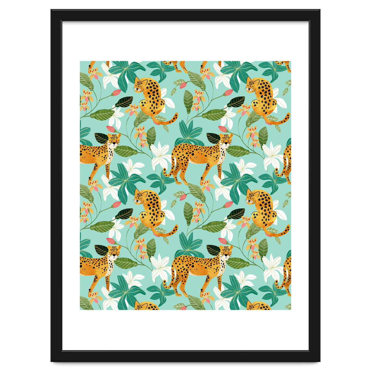 Cheetah Jungle, Wildlife Nature Wild Cats Tigers Leopard Botanical Animals Mint Quirky Illustration