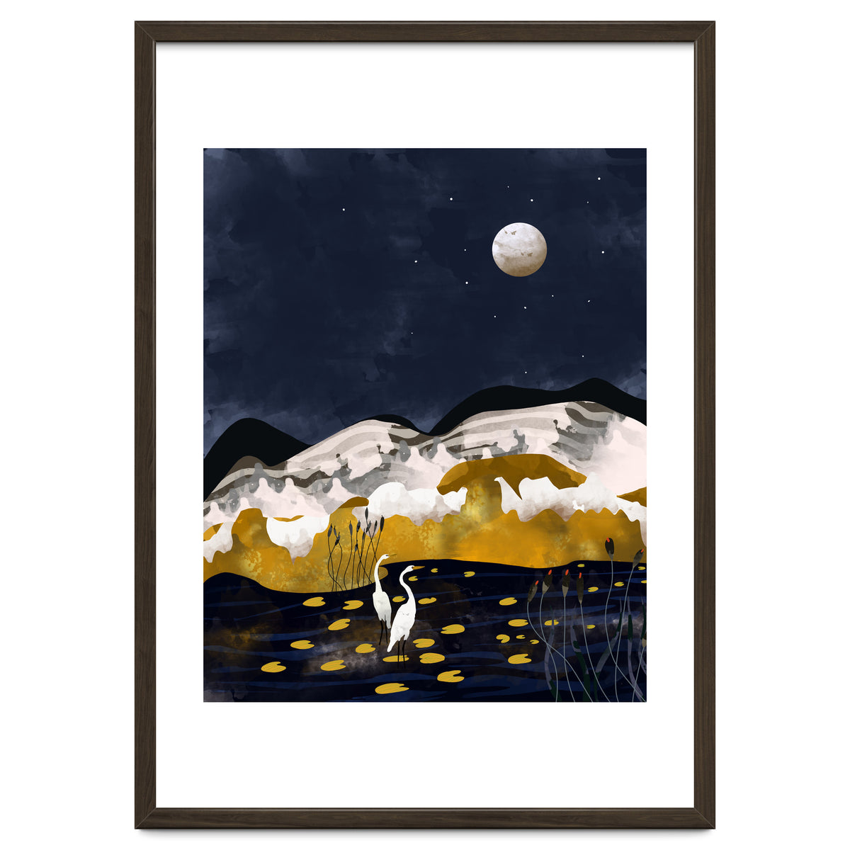 Midnight Lake, Stork Wildlife Animals Abstract Painting, Nature Landscape Travel Adventure Full Moon Night, Eclectic Gold Birds Magical Bohemian