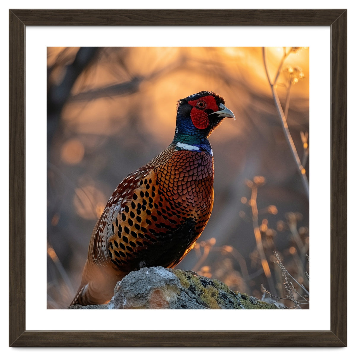 Pheasant Bird Standing On Rock Sunrise Light