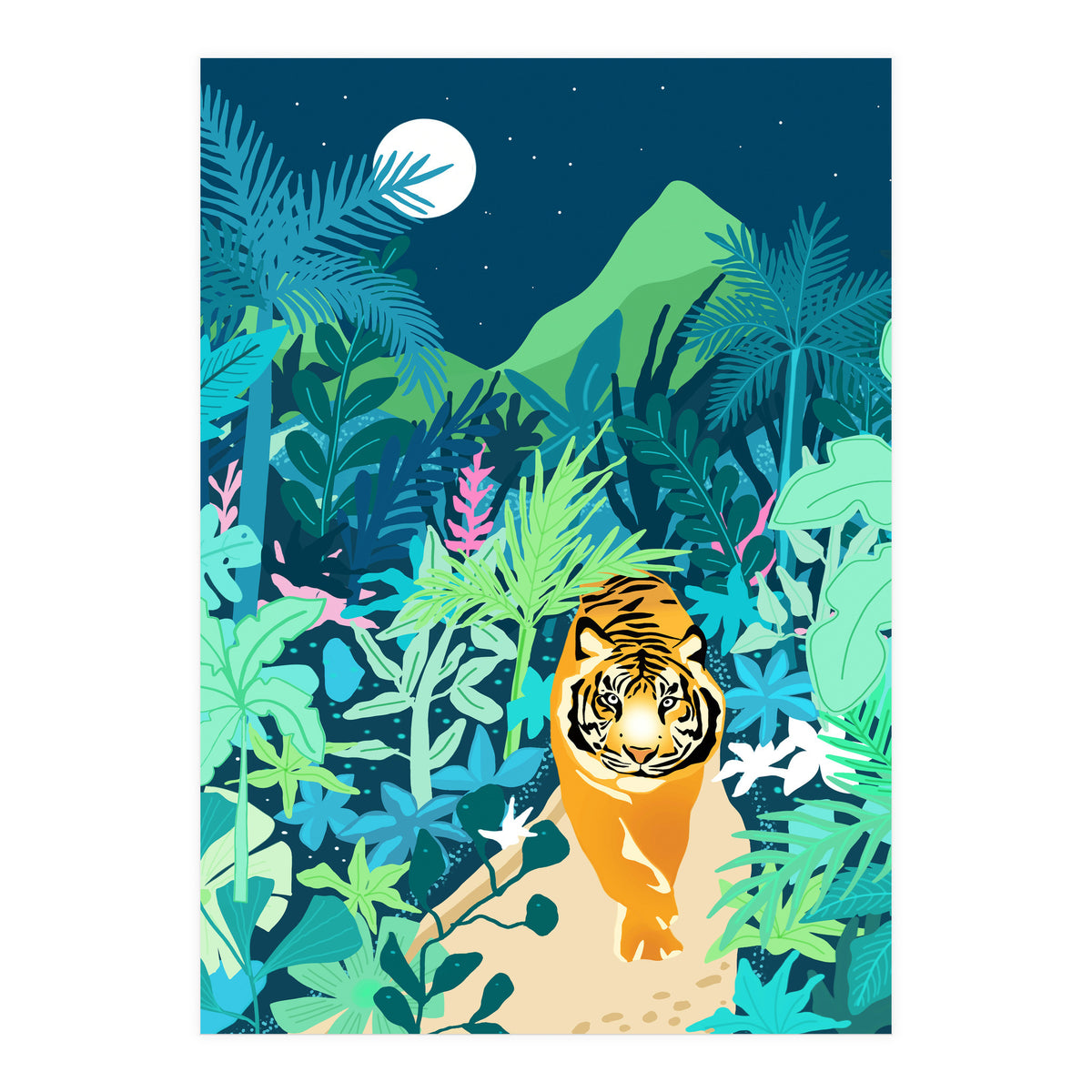 Tiger Walk, Bohemian Jungle Maximalist Nature, Botanical Forest Plants Moon Wild Animals (Print Only)