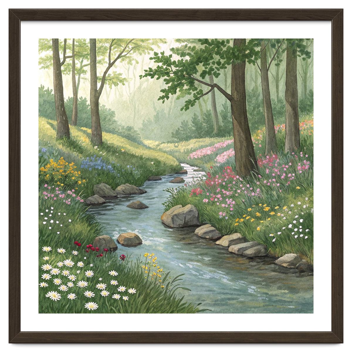 Vibrant Forest Stream Watercolor Painting
