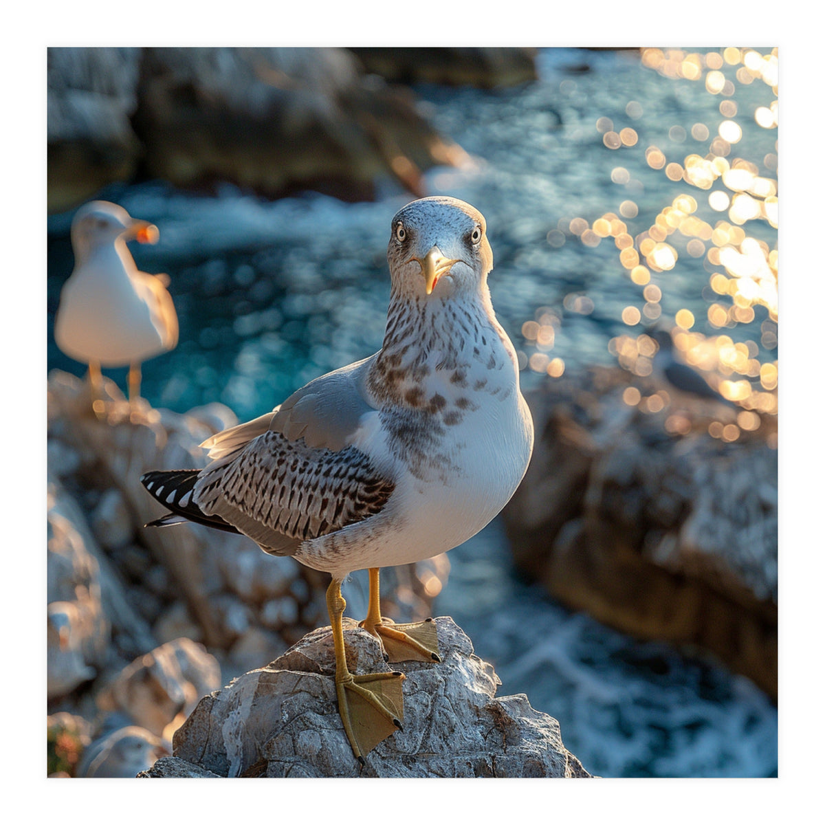 Seagull Standing On Rocks Near Water (Print Only)
