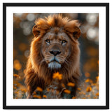 Majestic Lion Among Golden Flowers Close Up thumbnail