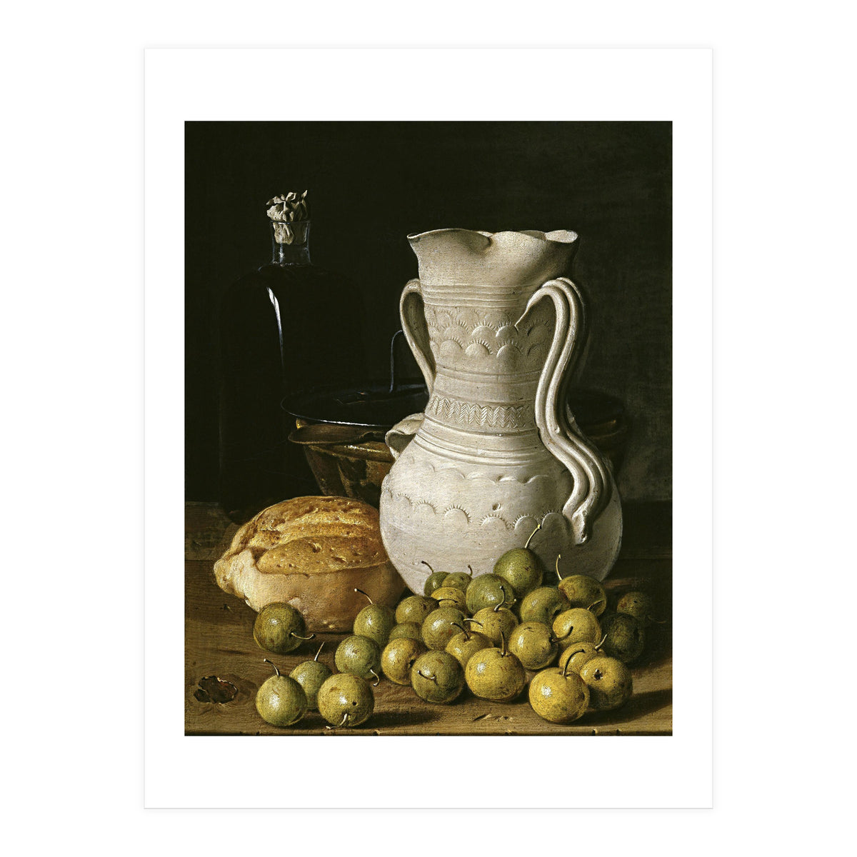 Luis Egidio Meléndez: 'Still Life with Small Pears, Bread, White Pitcher, Glass Bottle, and.., 1760. (Print Only)