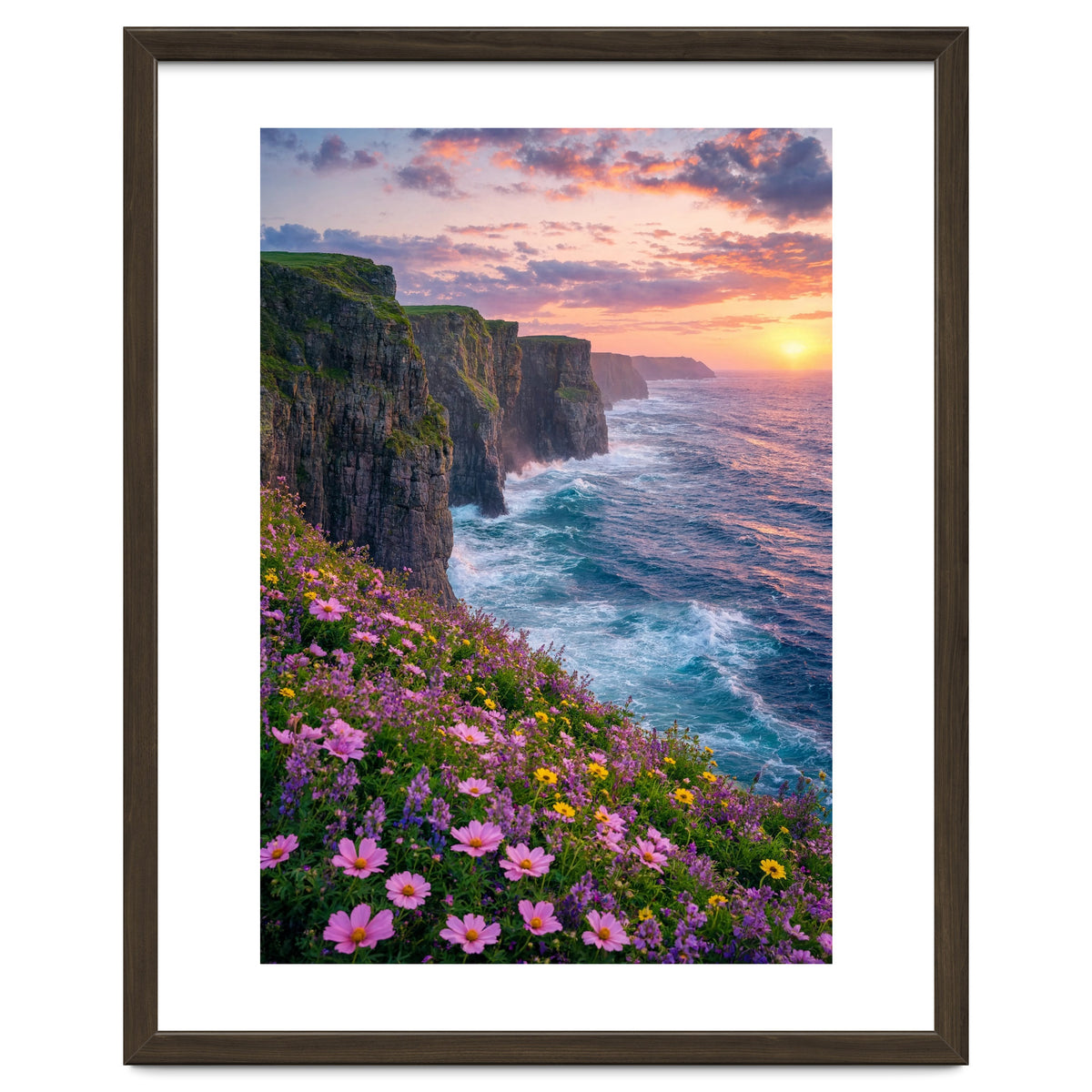 Coastal Sunset Wildflowers: Dramatic Ocean Cliffs and Floral Meadow