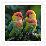 Lovebirds Perched Together On Mossy Branch thumbnail