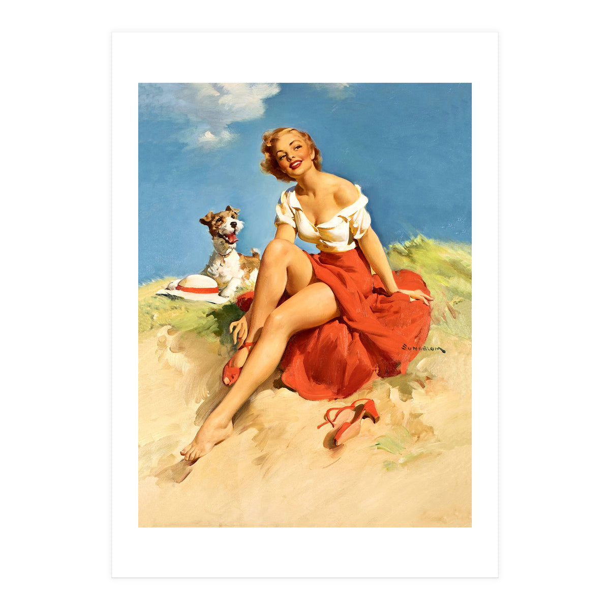 Sexy Pinup Girl On The Beach With Her Dog (Print Only)