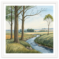 Pastoral Countryside Watercolor Painting with Winding Stream Meadows and Deciduous Trees Landscape