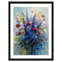 Vibrant Blue Delphinium and Red Rose Heavy Impasto Oil Painting