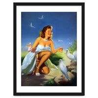 Beautiful Pinup Girl Feeding White Pigeons