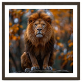 Majestic Lion Sitting On A Rock In Autumn Forest thumbnail