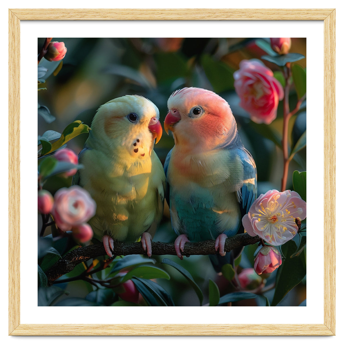 Two Lovebirds Perched On A Branch Near Flowers