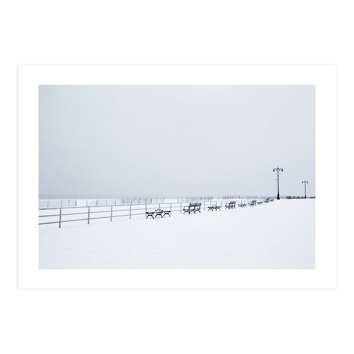 Benches along the pier on snow beach (Print Only)