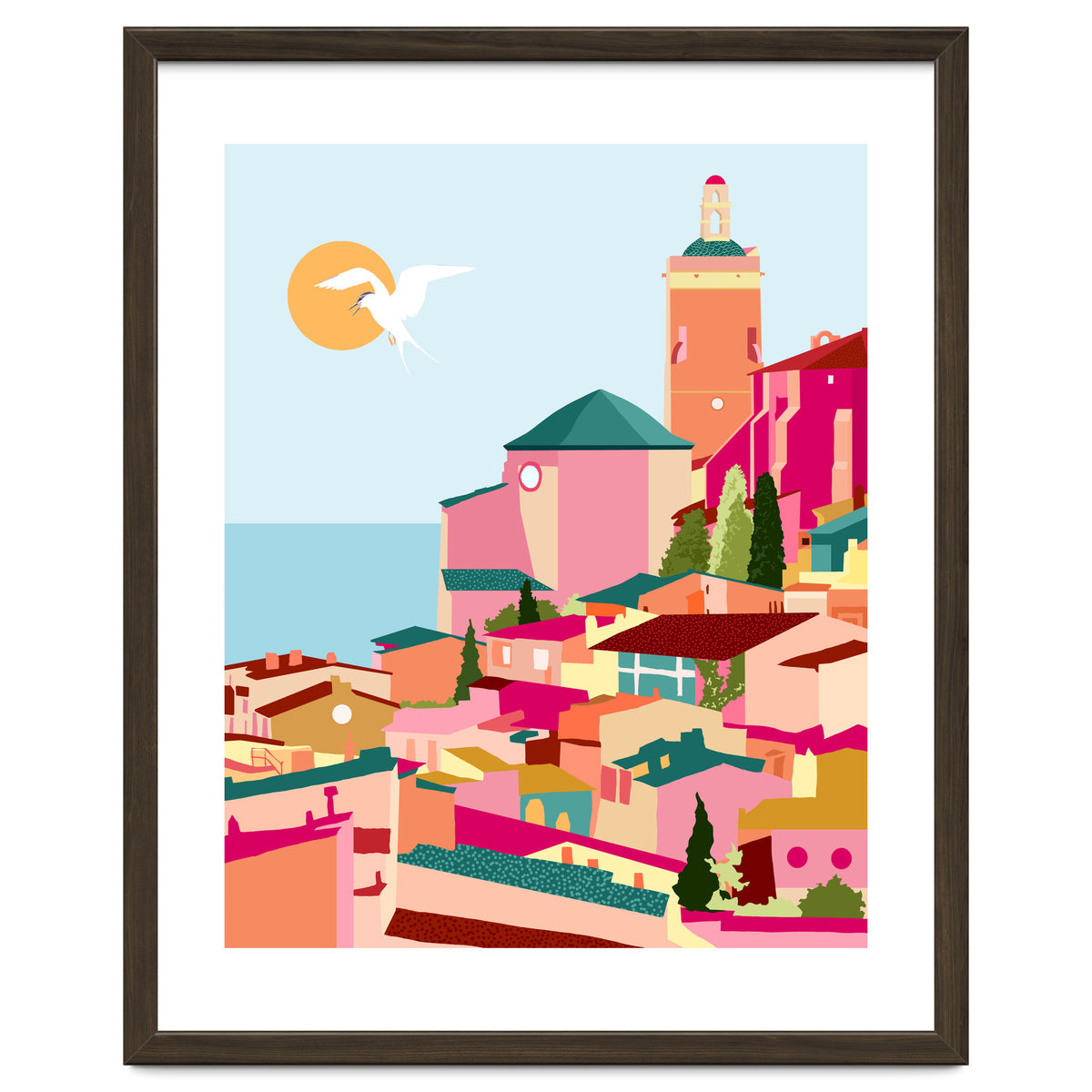 Crimson Rouge, Colorful Architecture Buildings, Greece Cityscape Skyline, Seagull Travel Summer Eclectic Bohemian Pop Of Color Positivity