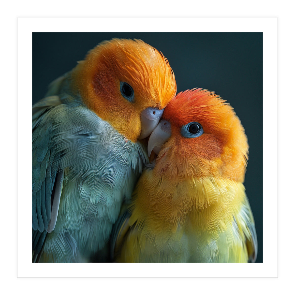 Lovebirds Couple Nuzzling With Orange And Yellow Feathers (Print Only)