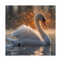 Majestic Swan Gliding On Water During Sunset Golden Hour Wildlife (Print Only)