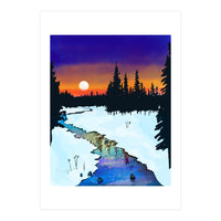 Purple Midnight, Snow River Full Moon Nature Landscape Painting, Winter Travel Adventure Places (Print Only)