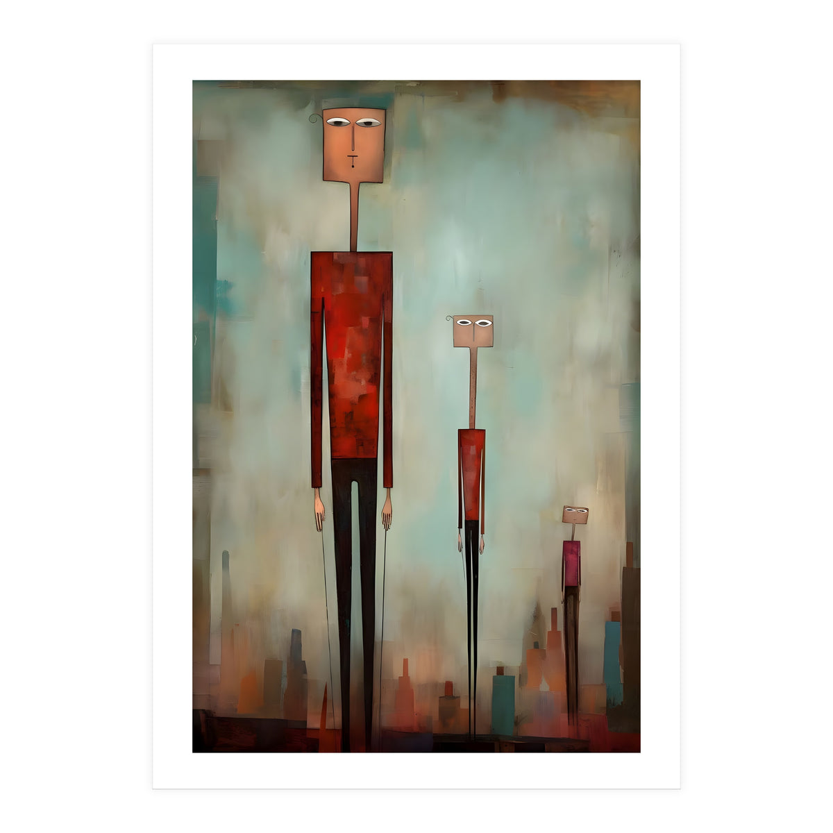 CITY HEIGHTS, three human-like forms of differing heights loom over the city below. (Print Only)