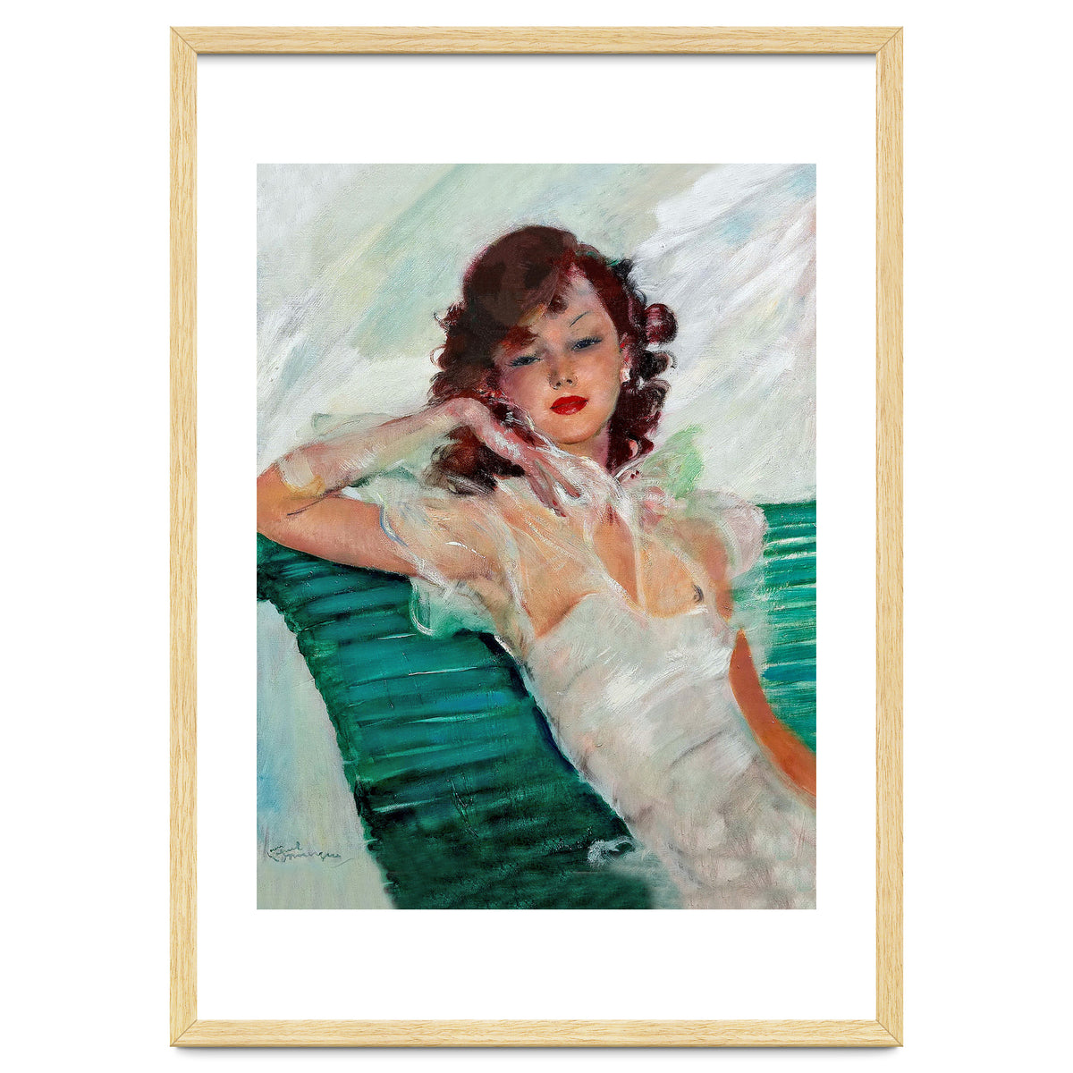 Girl Is Resting On A Green Bench, Watercolor Painting