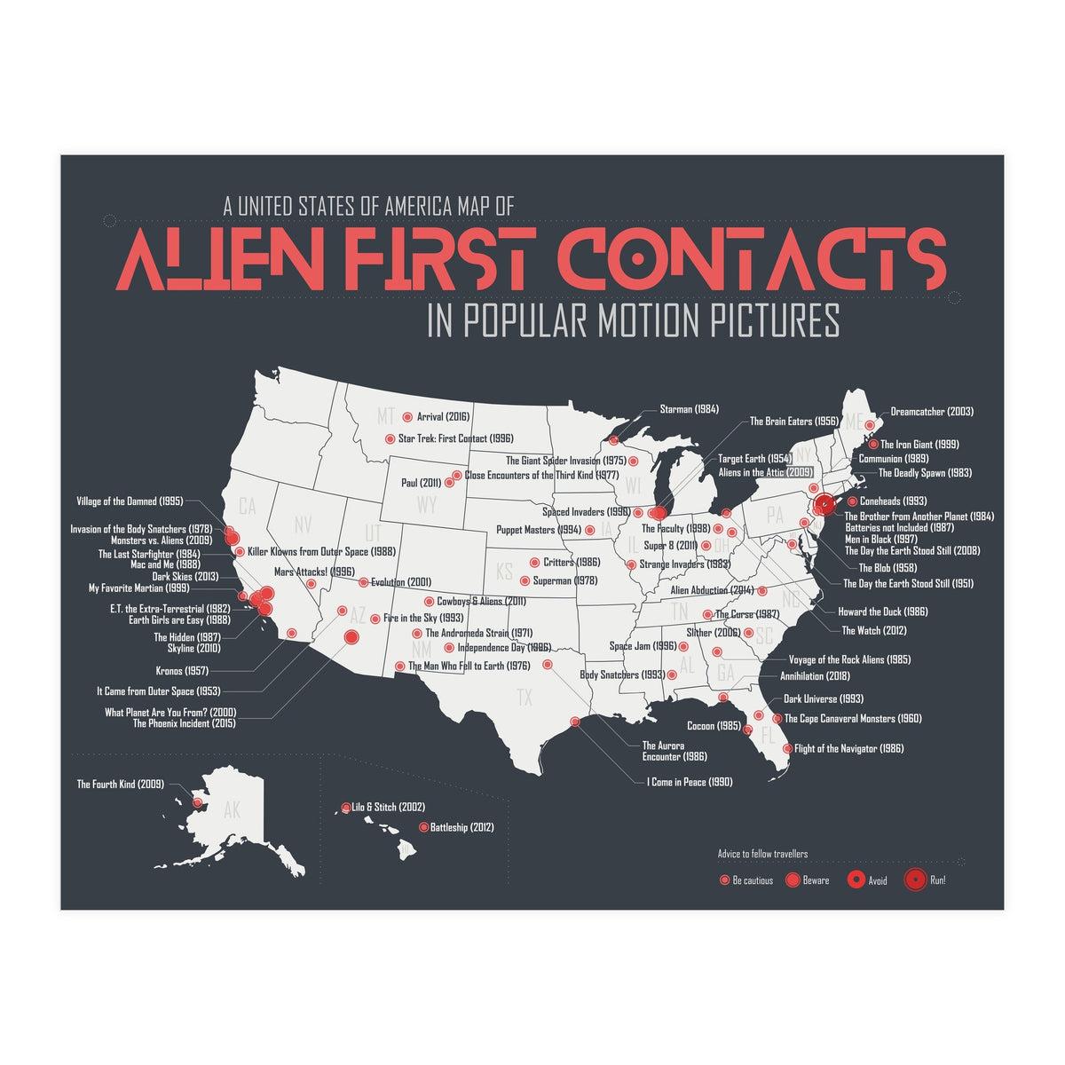 USA Map of Alien First Contacts in Movies (Print Only)