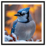 Blue Jay Bird In Winter Snowfall And Leaves thumbnail